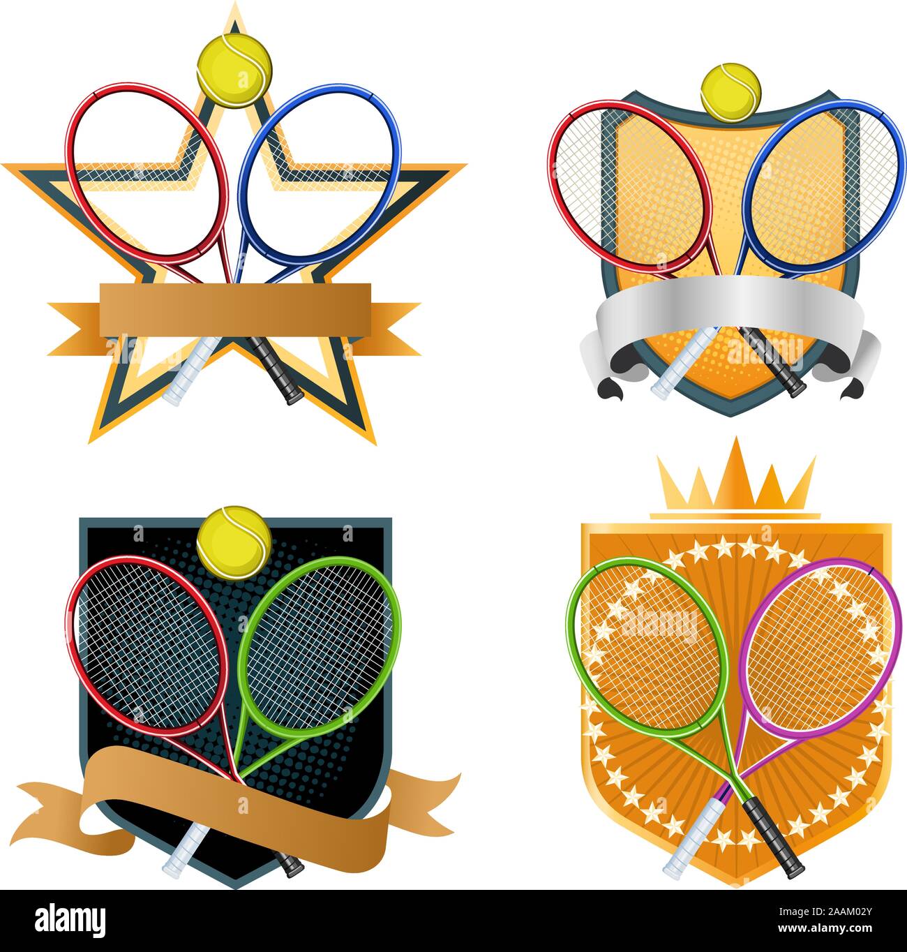Sport Racchetta da Tennis palla emblema con corona e la forma a stella, banner illustrazione vettoriale. Illustrazione Vettoriale
