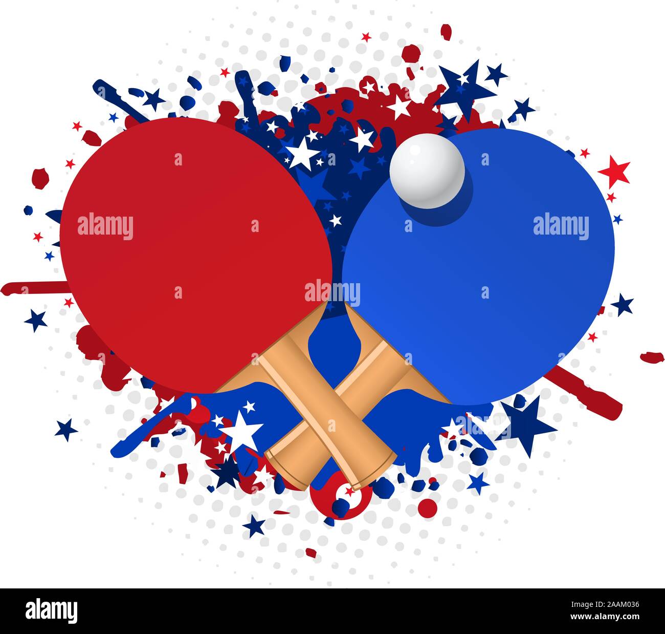 Ping pong rosso e blu splash racchetta con la sfera e stelle illustrazione vettoriale. Illustrazione Vettoriale