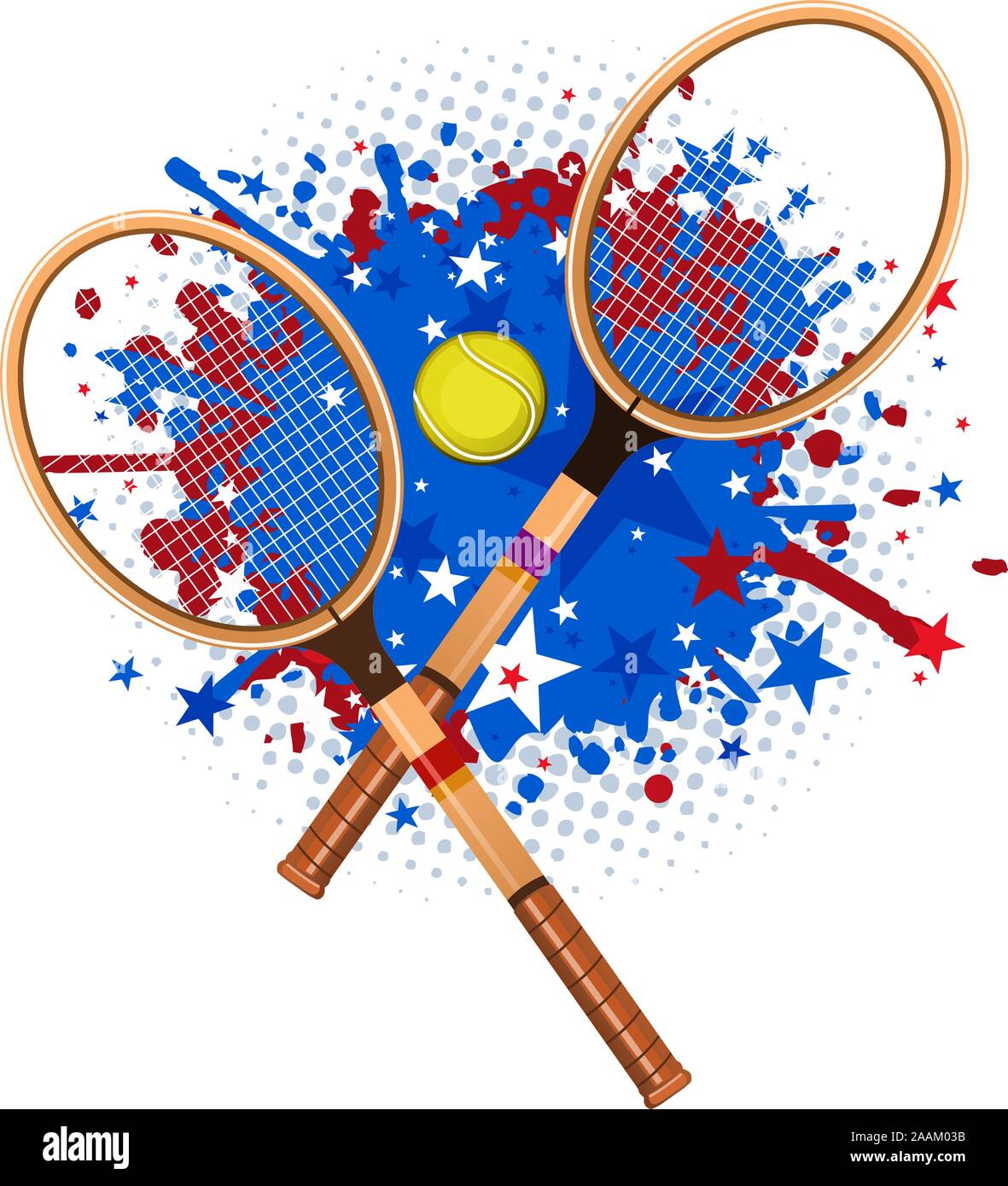 Retrò racchette da tennis con palla e rosso blu splash illustrazione vettoriale. Illustrazione Vettoriale