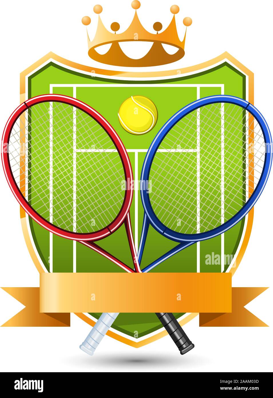 Sport Tennis Campo verde con la racchetta e la palla incoronato emblema illustrazione vettoriale. Illustrazione Vettoriale