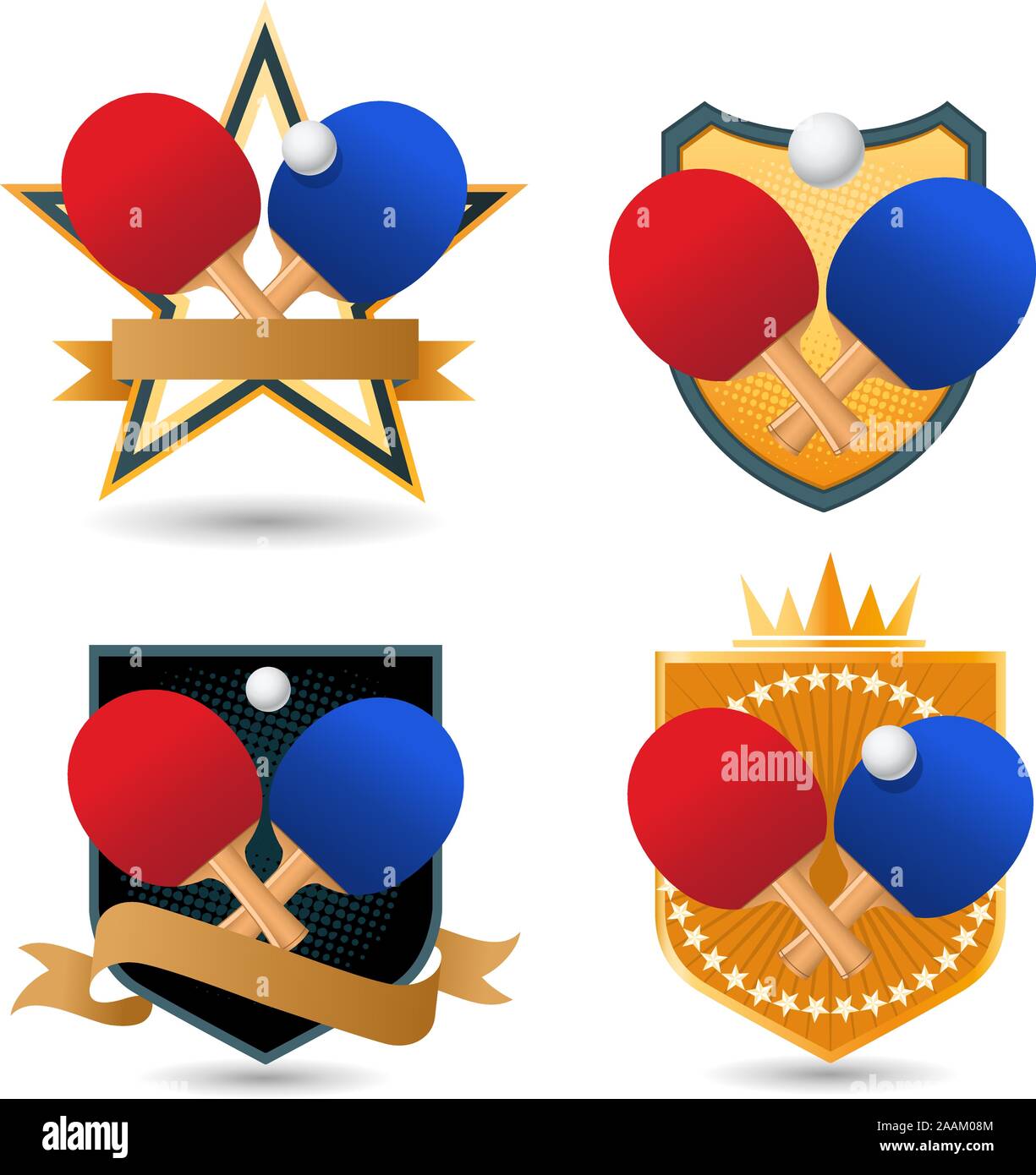 Ping pong emblema dorato con racchette e corona a sfera forma a stella illustrazione vettoriale. Illustrazione Vettoriale