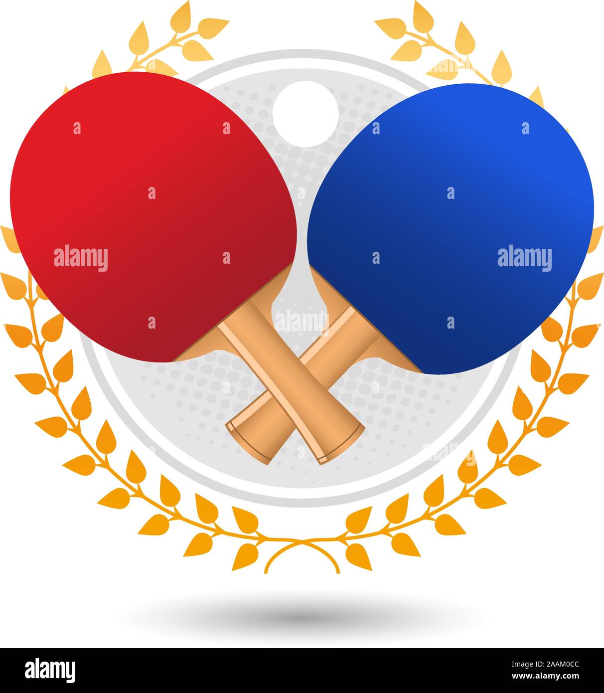 Ping pong corona di alloro con il rosso e il blu racchette e la sfera bianca illustrazione vettoriale. Illustrazione Vettoriale