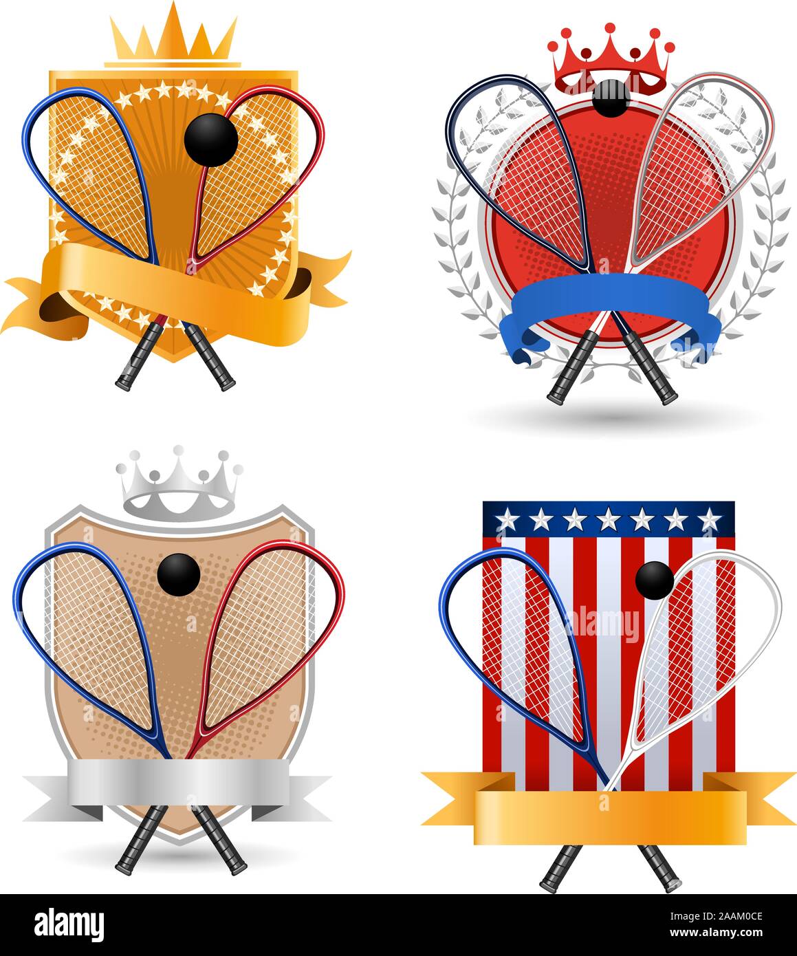 Squash sport badge banner con corone di sfere e bandiere illustrazione vettoriale. Illustrazione Vettoriale