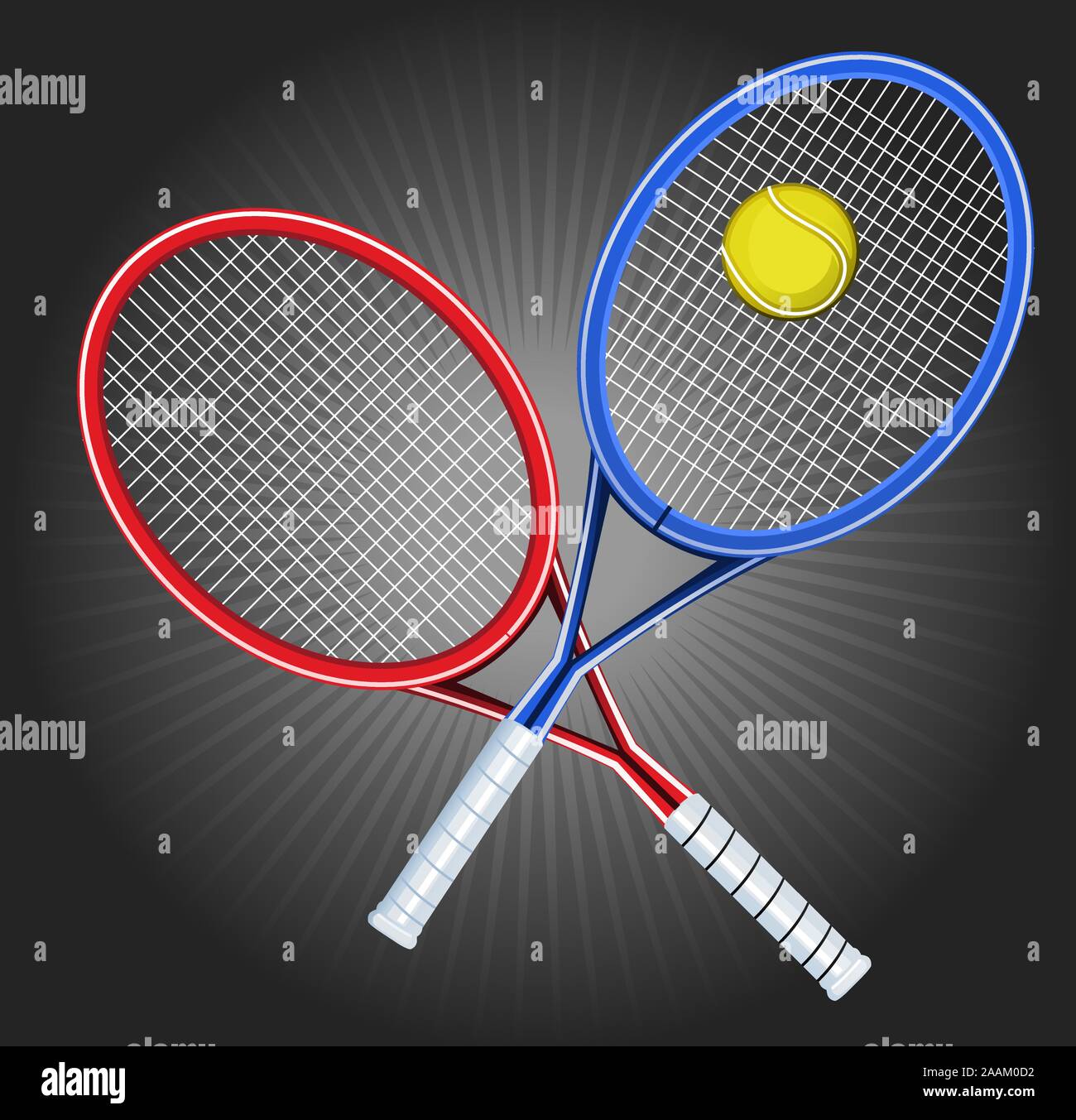 Campo da tennis di blu e di rosso anziché racchette con sfera gialla splendenti illustrazione vettoriale. Illustrazione Vettoriale