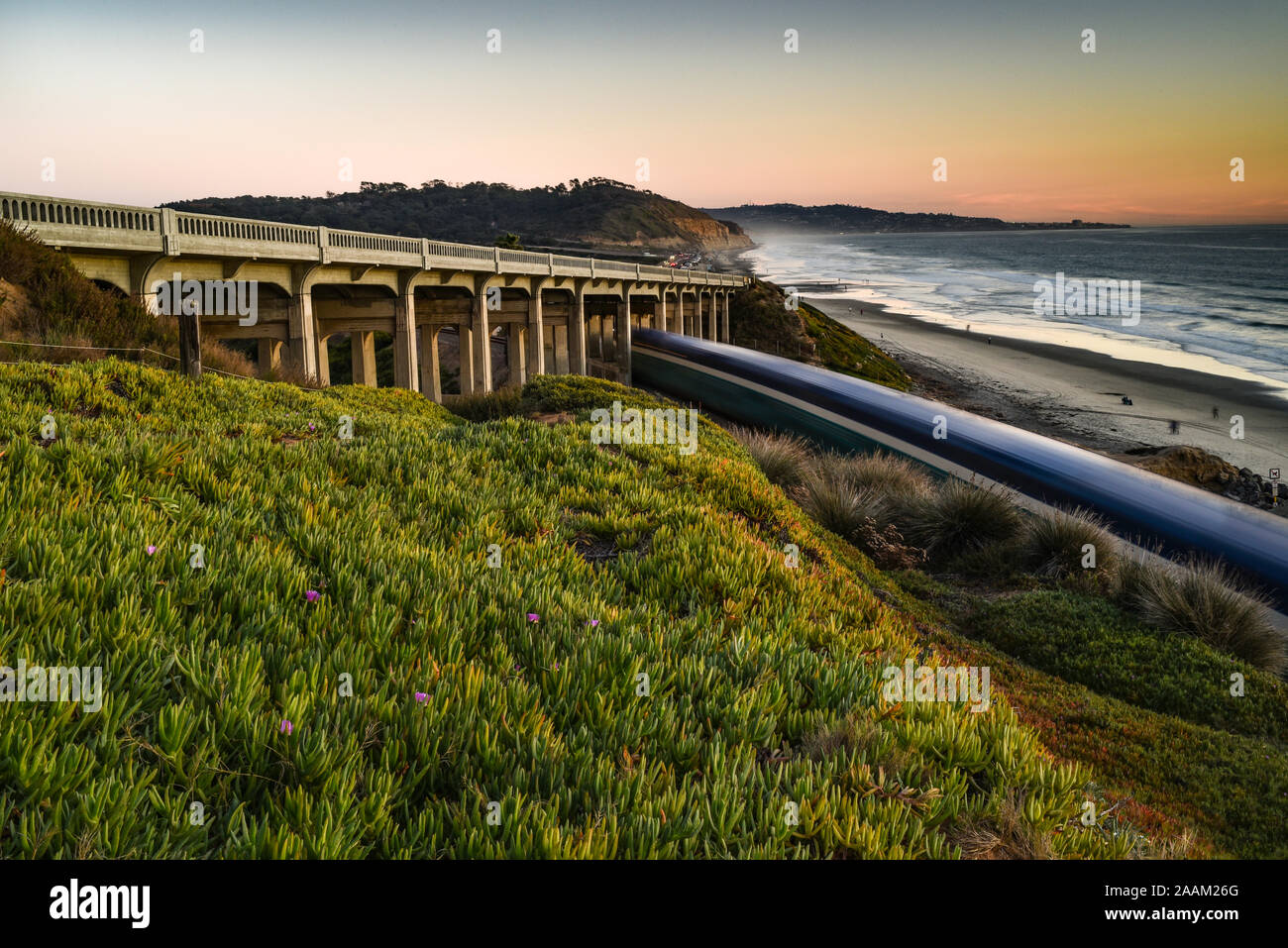 Passeggeri Amtrak locomotiva diesel viaggi costieri lungo i binari della ferrovia sotto il ponte, Torrey Pines State Park nel retro, La Jolla, California, Stati Uniti d'America Foto Stock