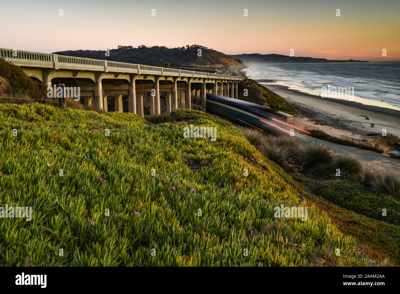 Passeggeri Amtrak locomotiva diesel viaggi costieri lungo i binari della ferrovia sotto il ponte, Torrey Pines State Park nel retro, La Jolla, California, Stati Uniti d'America Foto Stock
