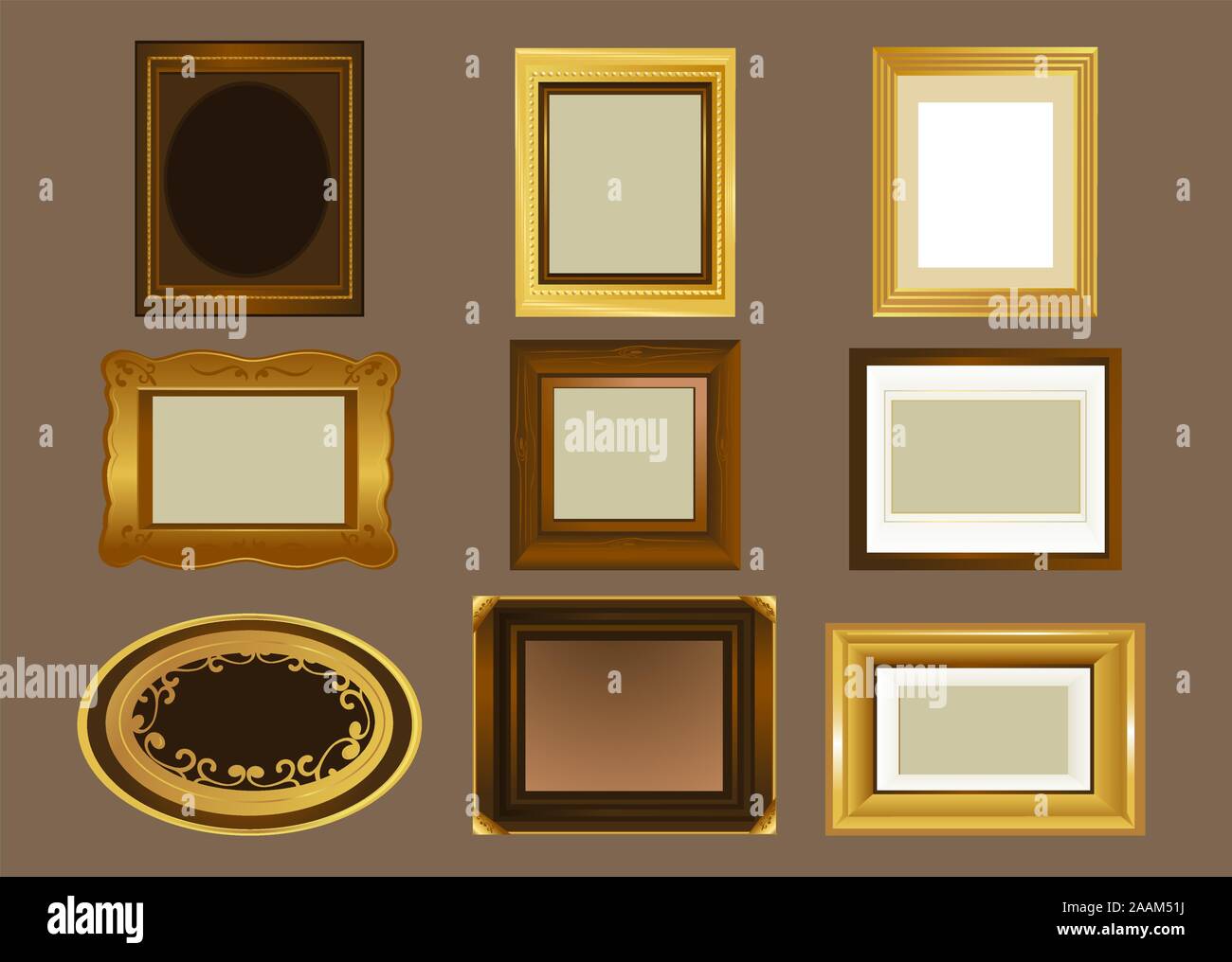 Nove Picture Frame, in diverse forme e dimensioni illustrazione vettoriale. Cornice ovale, telaio rettangolare, quadrato telaio sagomato, telaio in legno e golden fra Illustrazione Vettoriale