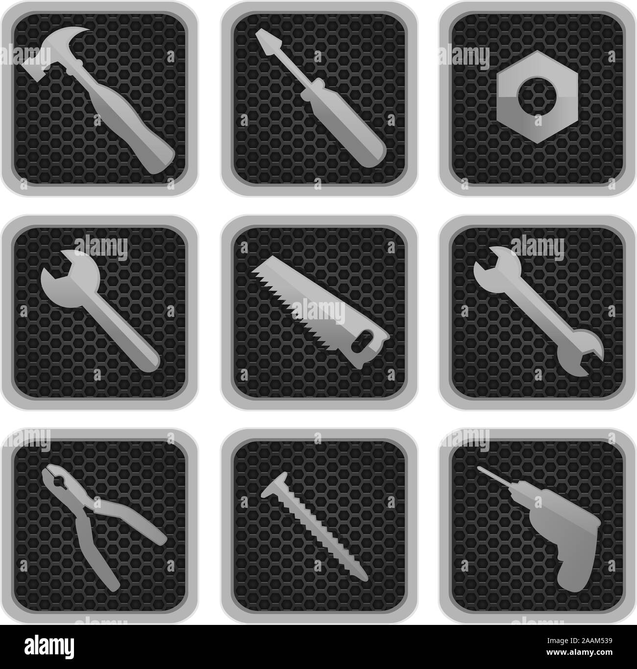 Strumenti di lavoro icone illustrazione vettoriale, con martello e cacciavite, il dado e la vite, sega, trapanare, coclea, Succhiello, trapanare un foro, bullone, pinze, tenaglie, pinze, pi Illustrazione Vettoriale