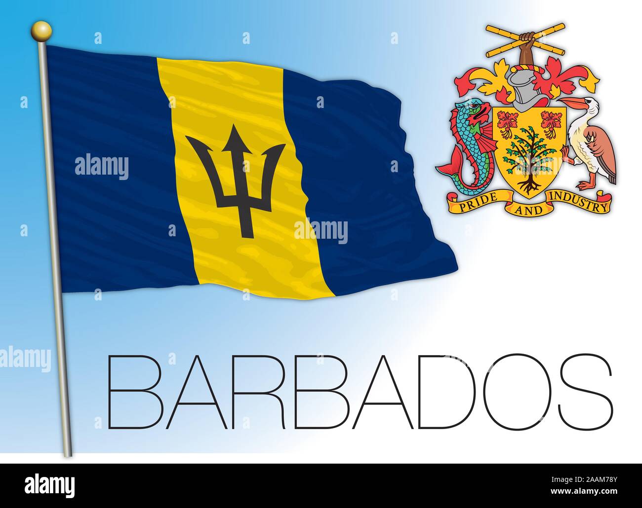 Barbados ufficiale di bandiera nazionale e stemma, illustrazione vettoriale, dei Caraibi Illustrazione Vettoriale