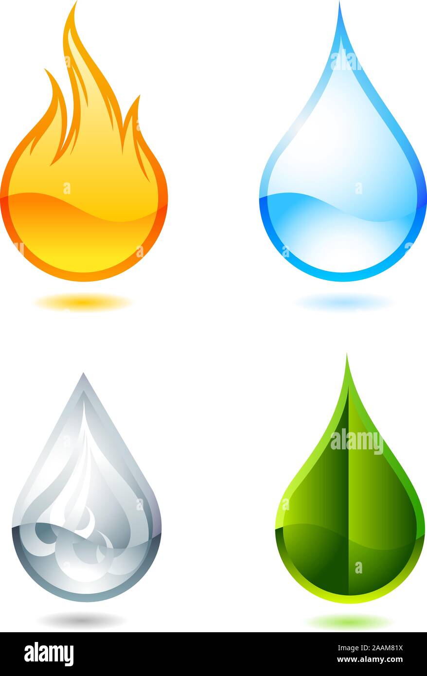 Elementi di natura simboli. Con il fuoco, acqua, aria e terra verde goccia illustrazione vettoriale cartoon. Illustrazione Vettoriale