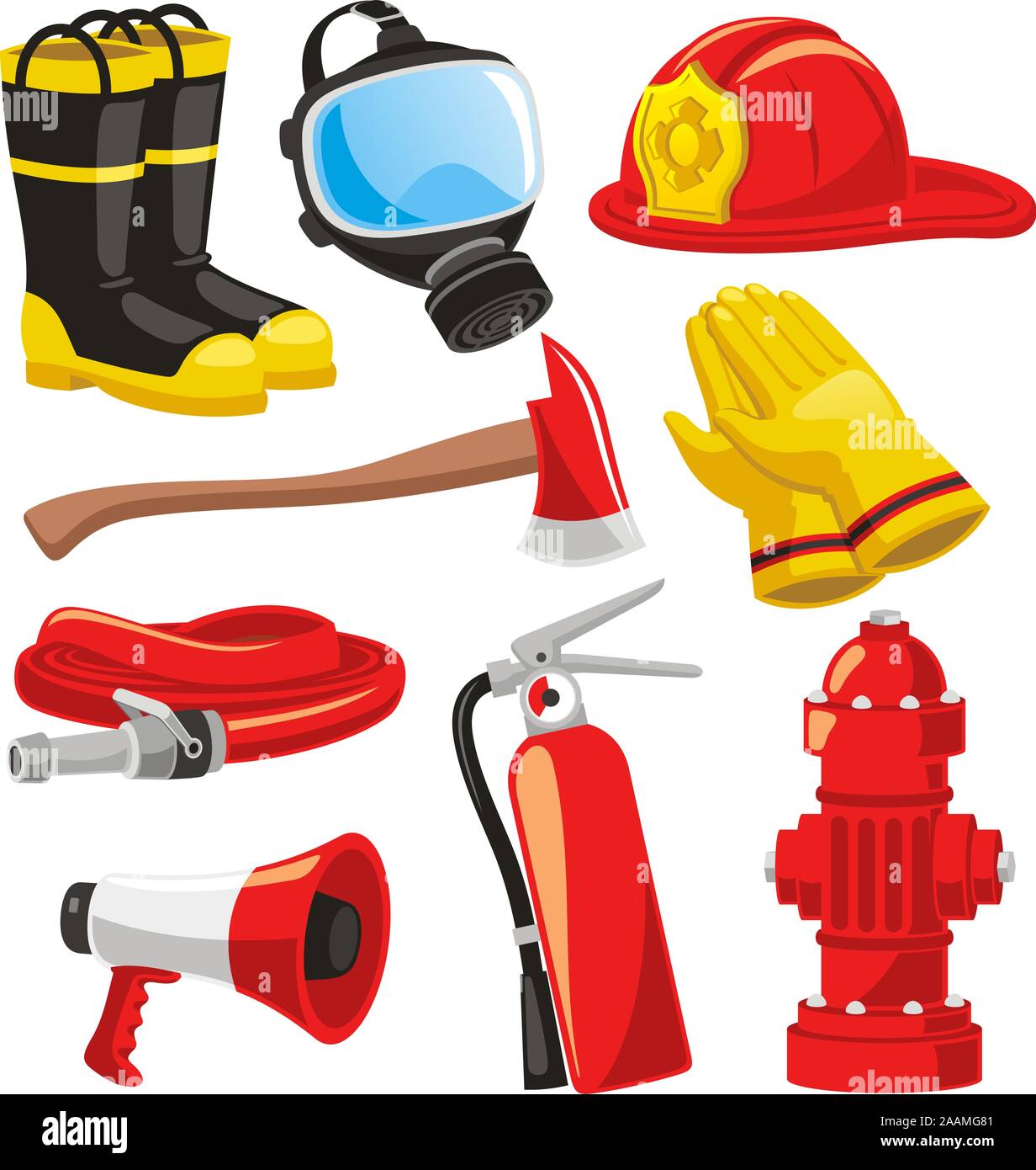 Fire-combattente elementi di raccolta, compresi stivali, maschera, casco, ax, guanti, tubo flessibile, estintore, megafono illustrazione vettoriale. Illustrazione Vettoriale