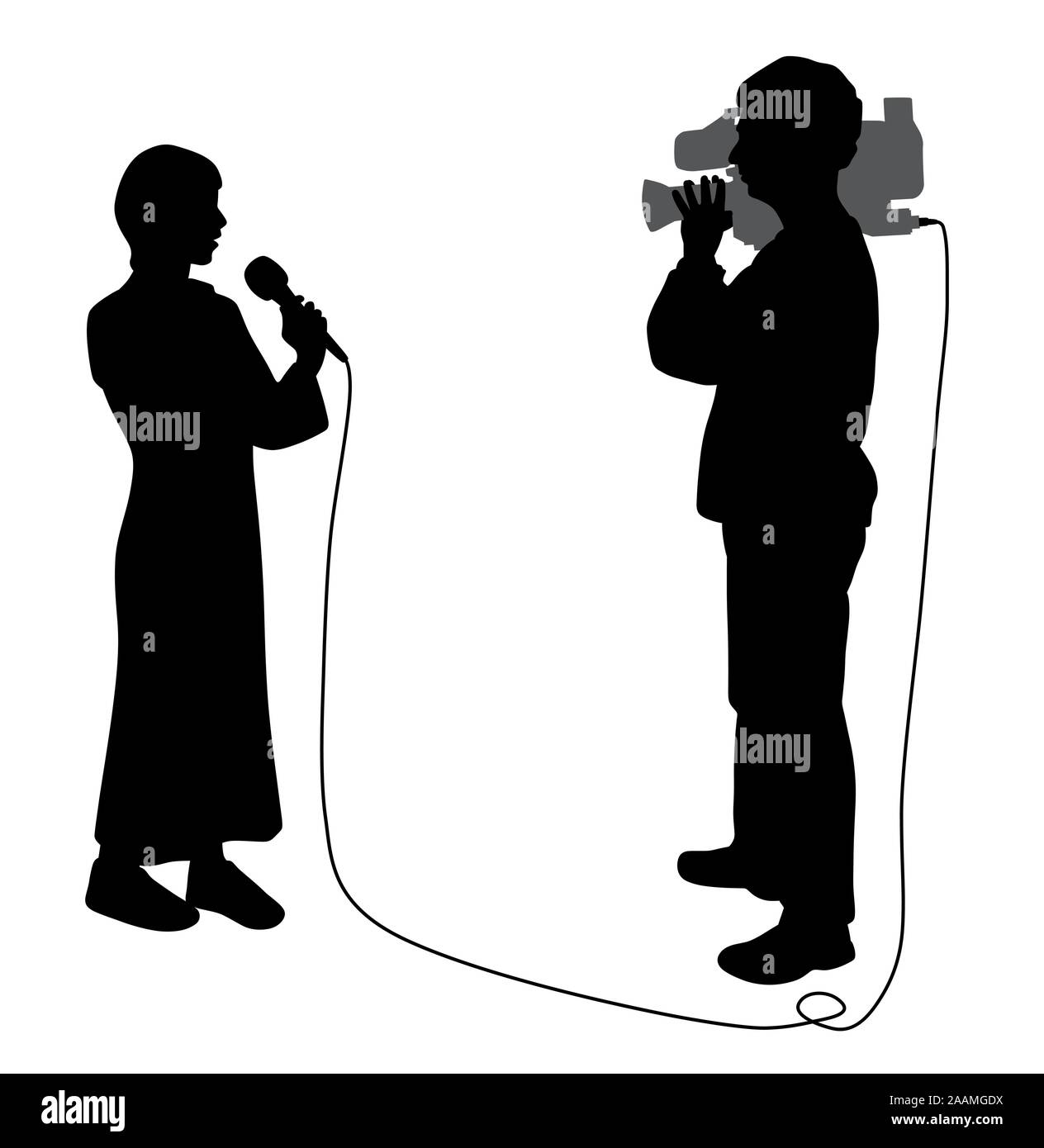 Giornalista reporter news donna con microfono e cameraman rendendo reportage Illustrazione Vettoriale