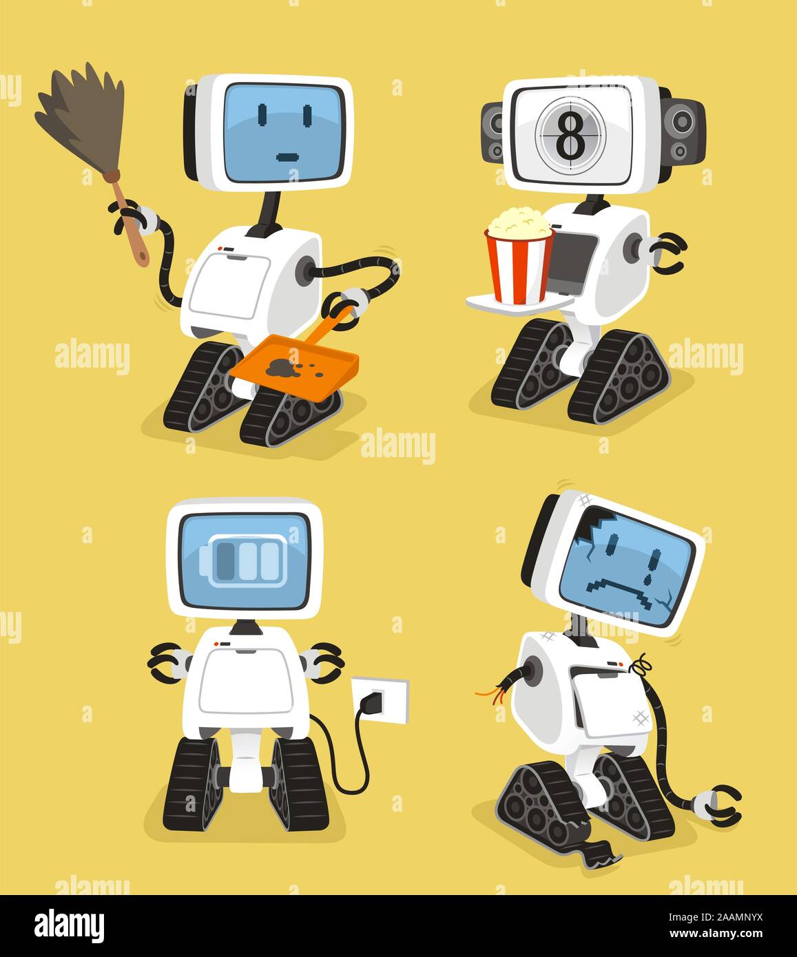 Set di robot con felice mangiare popcorn ricarica robot triste illustrazione vettoriale. Illustrazione Vettoriale