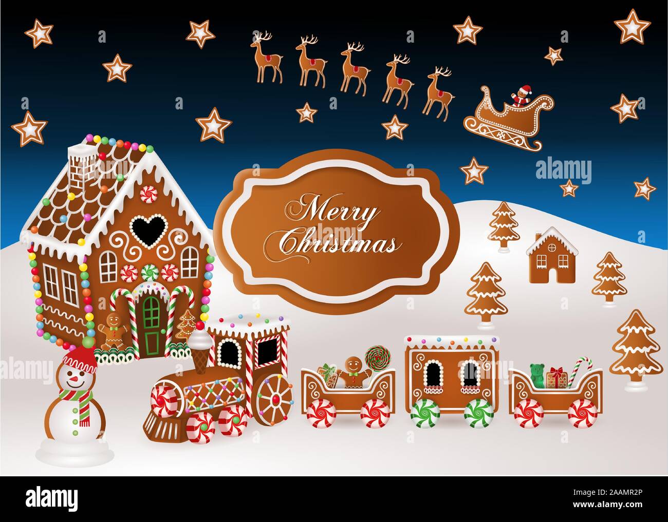 Sfondo di natale con gingerbread house, treno di panpepato, panpepato sled e caramelle di natale Illustrazione Vettoriale