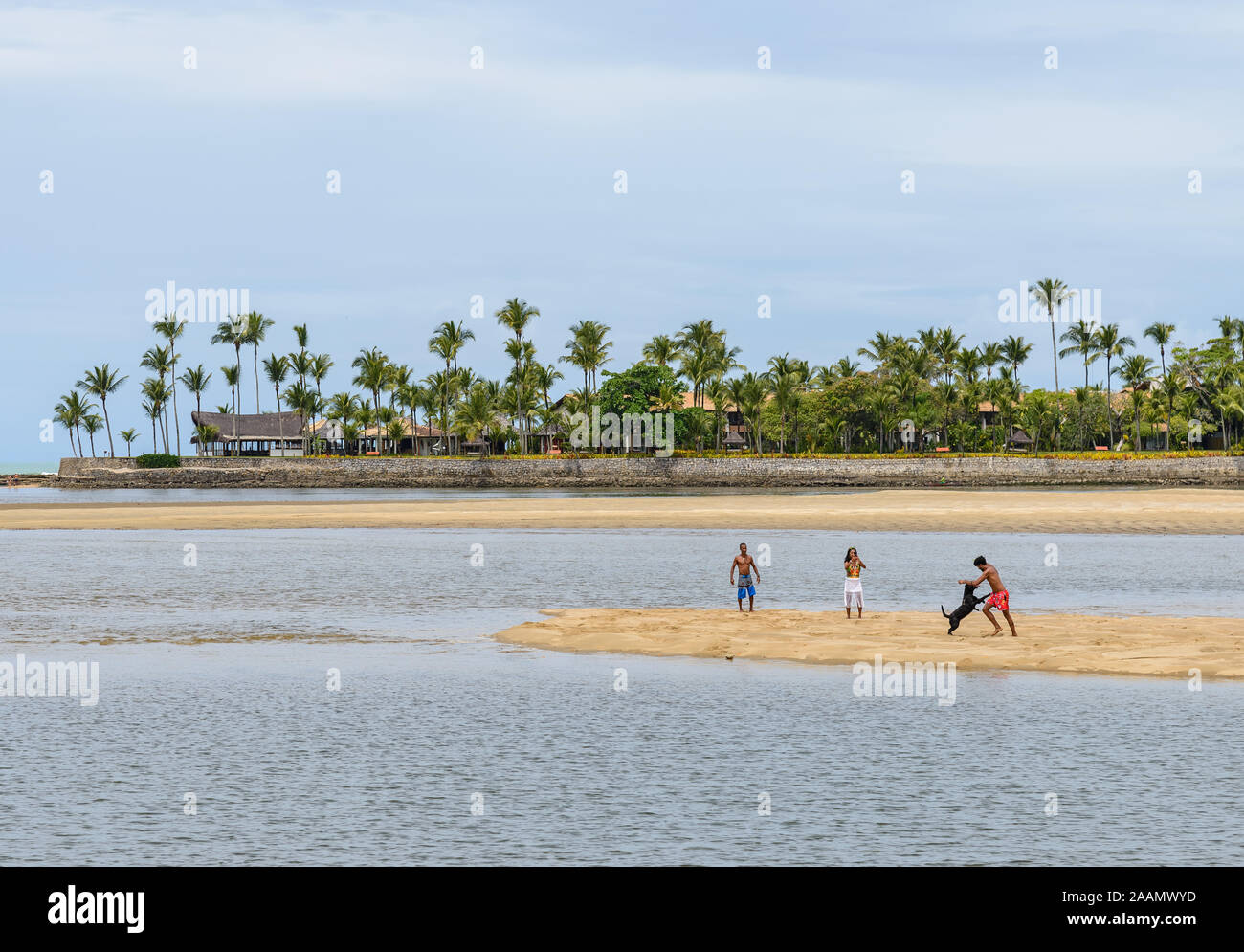 Un uomo e la sua famiglia a giocare con il loro cane su di una spiaggia di sabbia. Porto Seguro, Bahia, Brasile, Sud America. Foto Stock
