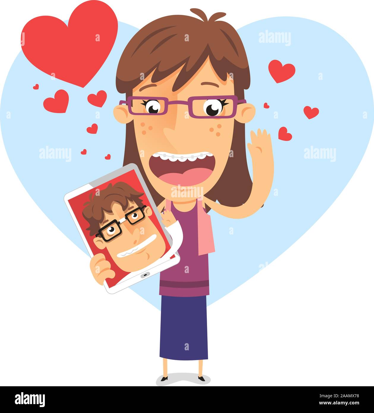 In amore geek girl in possesso di un Ipad con nerd ragazzo illustrazione vettoriale, con forma di cuore backround e molti cuori di diverse dimensioni in rosso e bl Illustrazione Vettoriale