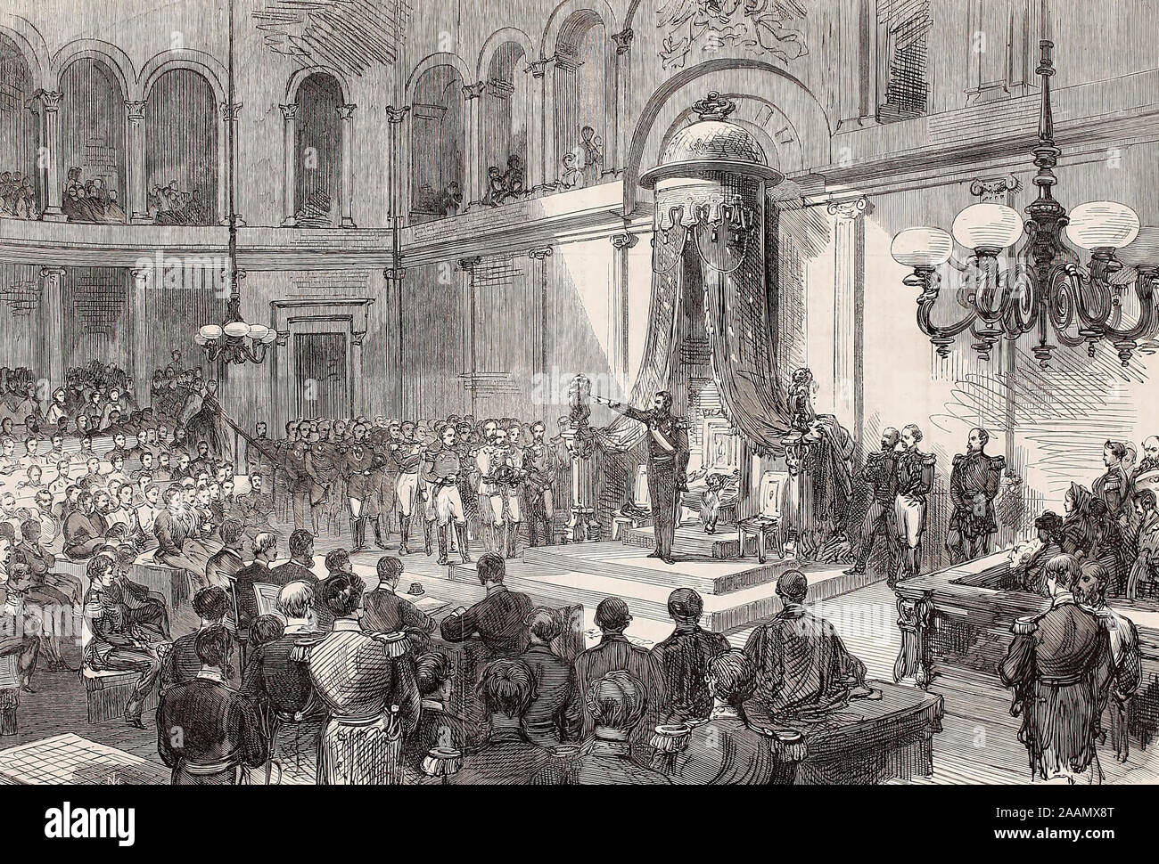 Re Leopoldo II tenendo il giuramento davanti al belga il Senato e la Camera dei Deputati - 1865 Foto Stock