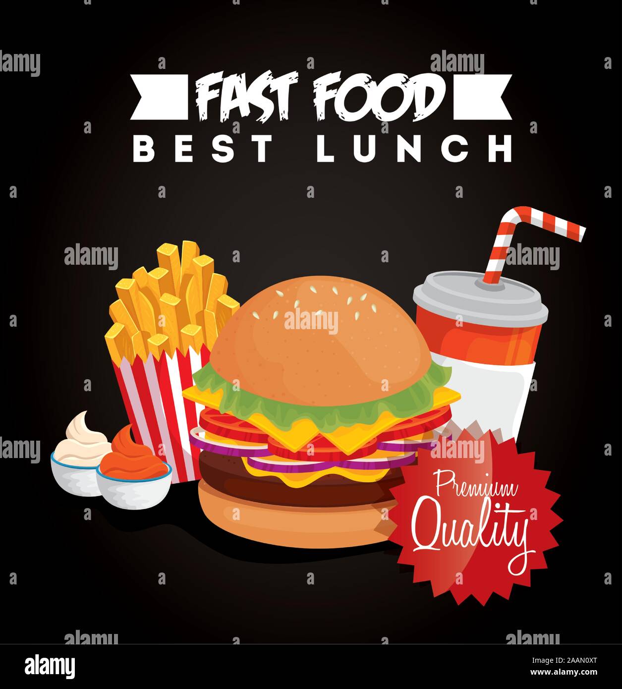 Il poster di fast food con hamburger e di qualità premium Illustrazione Vettoriale
