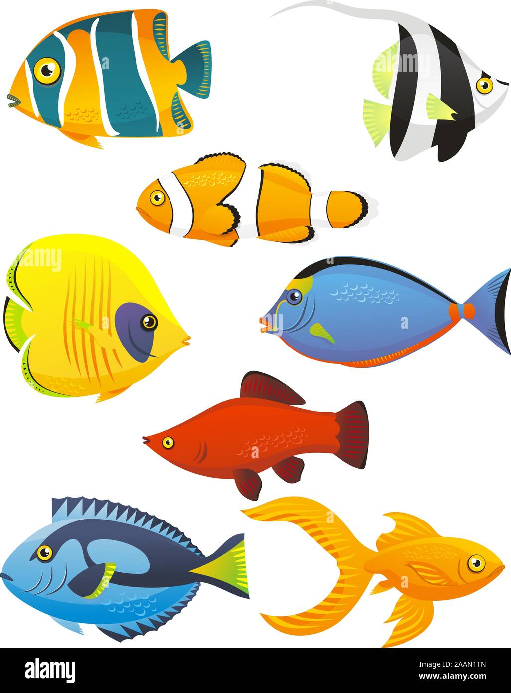 Pesci pesci tropicali Shoal, con otto 8 Pesci diversi in diversi colori e dimensioni. Pesce illustrazione vettoriale cartoon. Illustrazione Vettoriale