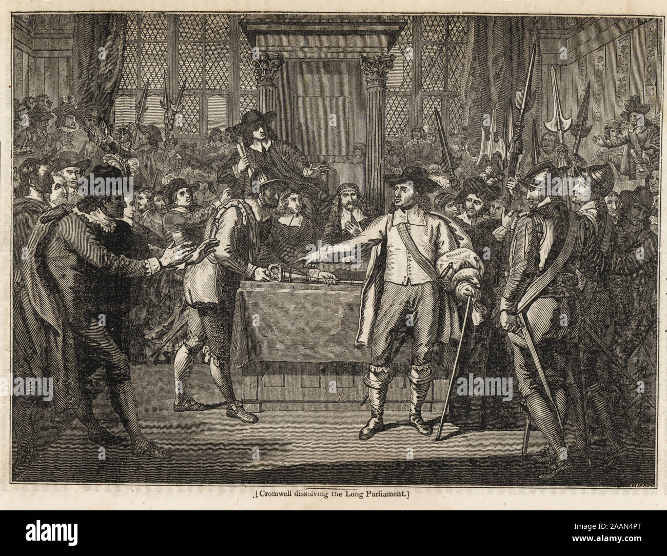 Oliver Cromwell e la sua tonda truppe sciogliendo il parlamento scamone, 20 aprile 1653. Cromwell sciogliendo il parlamento molto. Woodblock incisione di J. Jackson dopo Benjamin West da Penny Magazine, della società per la diffusione di conoscenze utili, stampato da William Clowes, Lambeth, 1833. Foto Stock