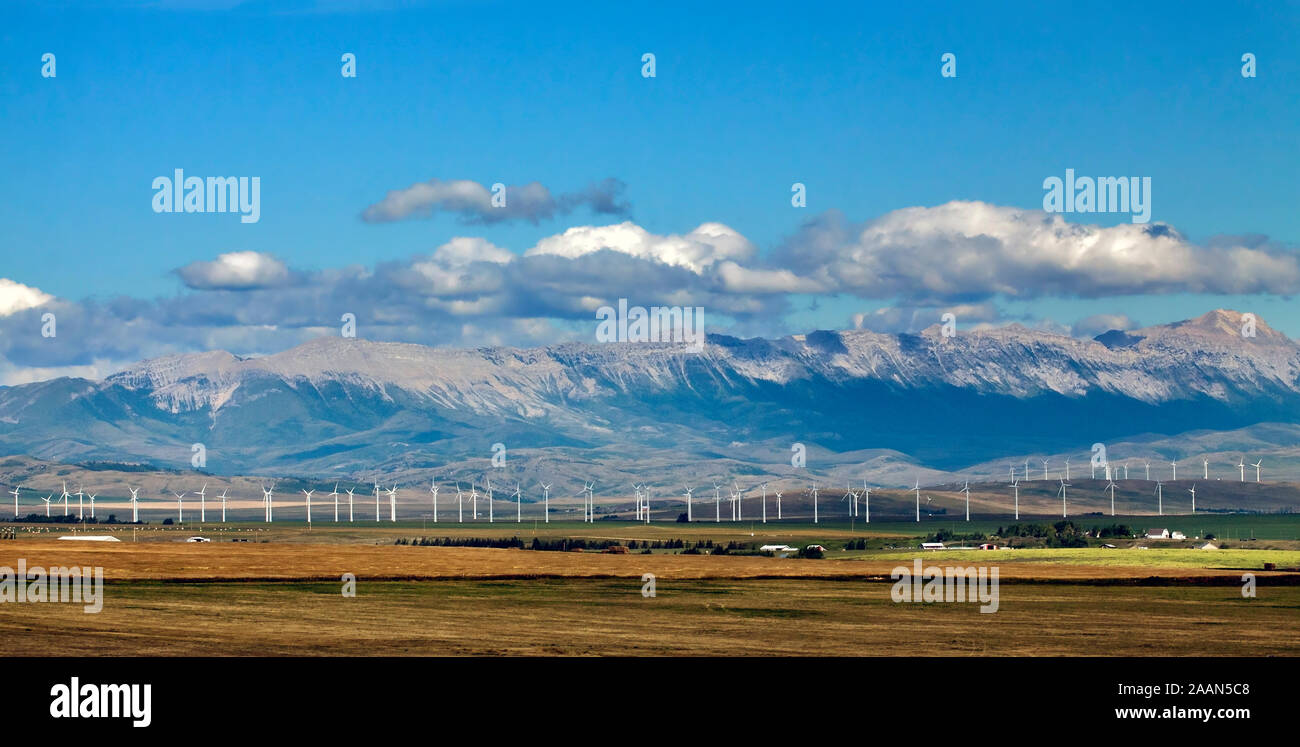 Il paesaggio al confine della Canadian Rocky Mountains e praterie con mulino a vento generatori elettrici, o turbine eoliche, dei rulli di estrazione Creek, Alberta Canada Foto Stock