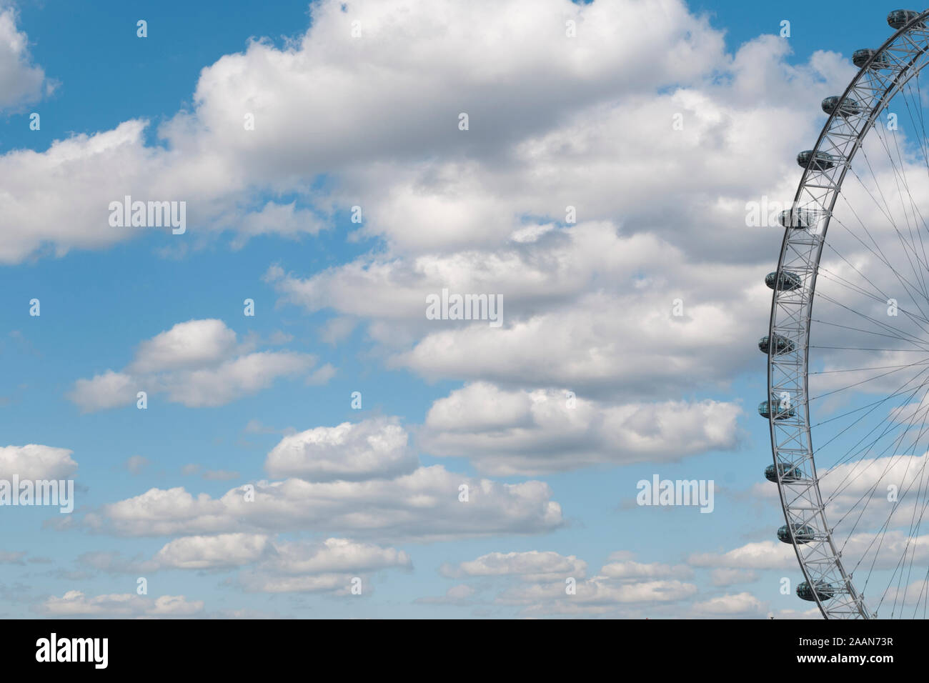 Vista parziale del London Eye la ruota panoramica su una mezza giornata nuvolosa, un sacco di spazio di copia Foto Stock