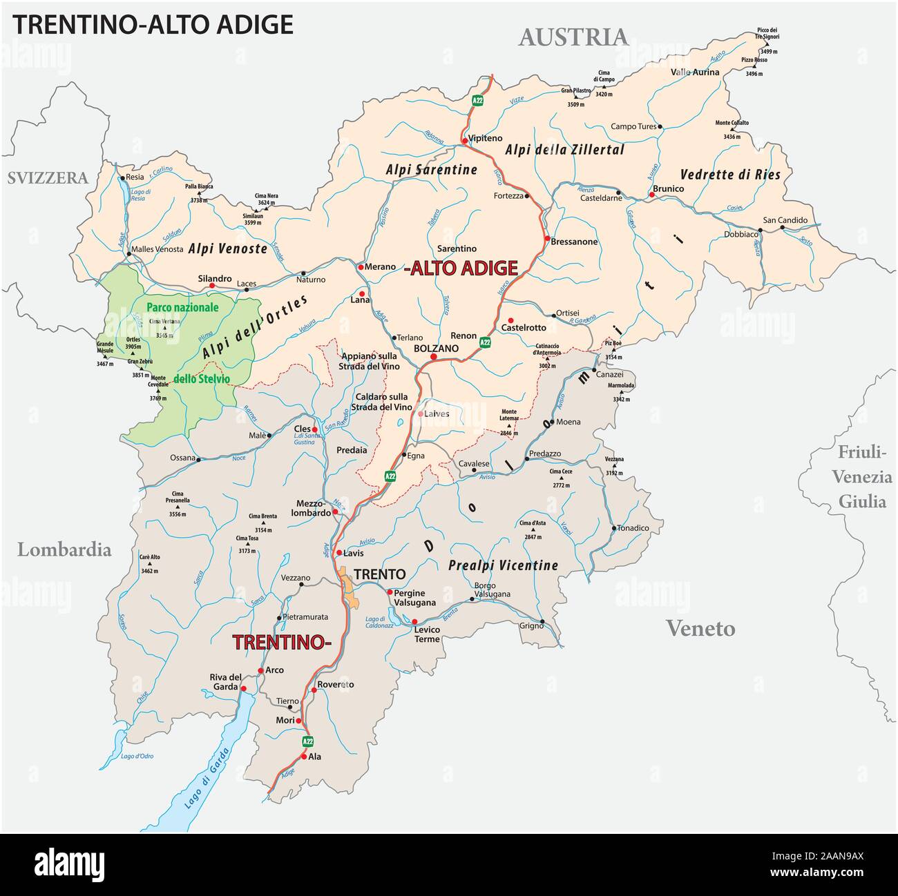 La mappa stradale di la regione italiana Trentino Alto Adige Illustrazione Vettoriale