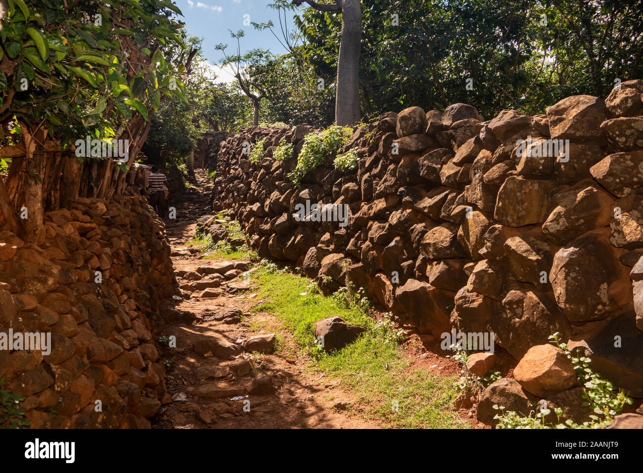 Etiopia, Karat-Konso, Gamole borgo murato, pietra costruito pareti di delimitazione di percorso tra le case Foto Stock