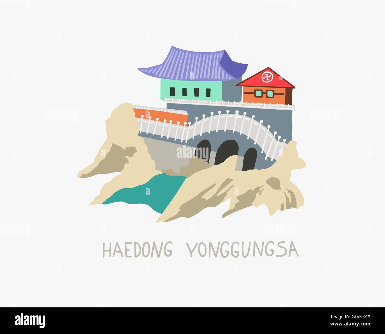 Doodle piatta illustrazione vettoriale di Haedong Yonggungsa seaside tempio di Busan, Corea del Sud Illustrazione Vettoriale