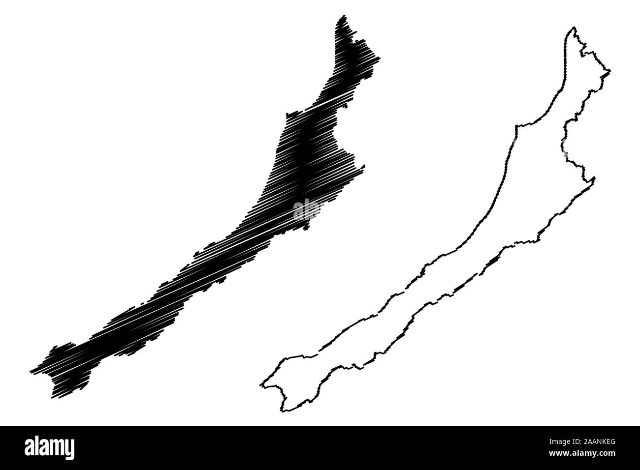 Costa occidentale Regione (regioni della Nuova Zelanda, Isola del Sud) mappa illustrazione vettoriale, scribble schizzo West Coast mappa Illustrazione Vettoriale