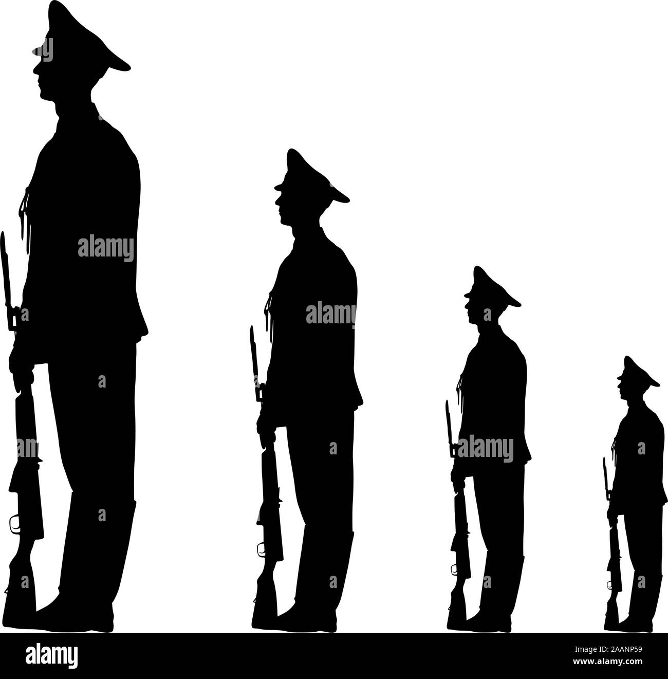 Silhouette nera soldato è in marcia con bracci sulla parata. Illustrazione Vettoriale