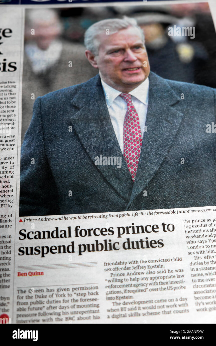 Il principe Andréj 'Scandal costringe il principe di sospendere i dazi pubblico anteriore' intestazione della pagina nel quotidiano Guardian 21 novembre 2019 Londra Inghilterra REGNO UNITO Foto Stock