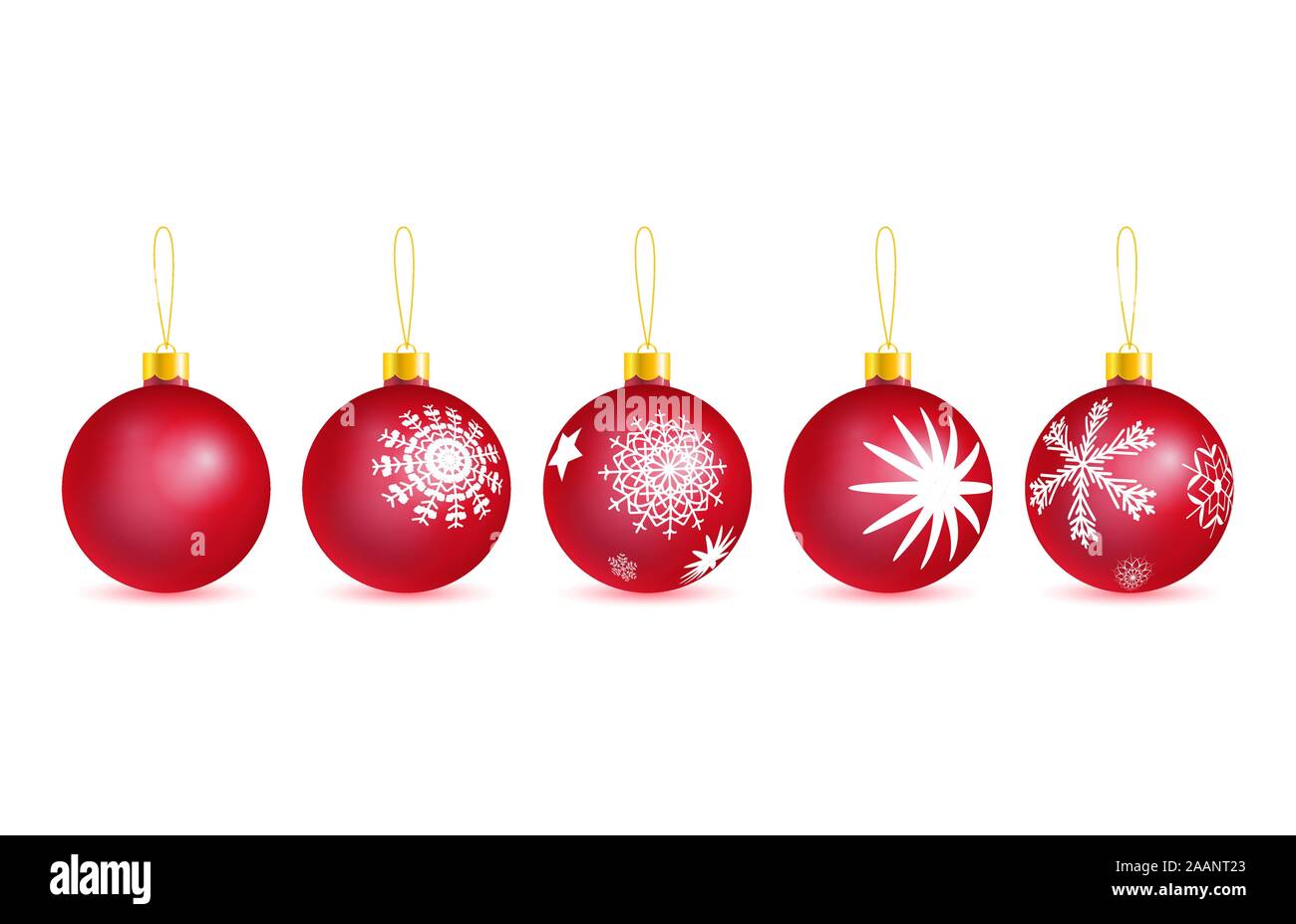 Set di vettore di vetro rosso albero di natale le sfere con fiocchi di neve di disegno appeso su giallo occhielli isolati su sfondo bianco. 3D'illustrazione. Illustrazione Vettoriale