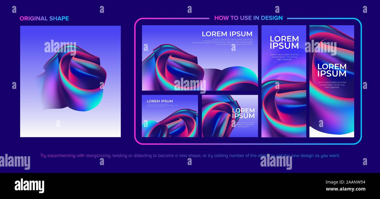 Una direzione artistica di una forma astratta in vettore su sfondo minima con il modo in cui utilizzare la forma in vari modelli di risoluzione. Illustrazione Vettoriale