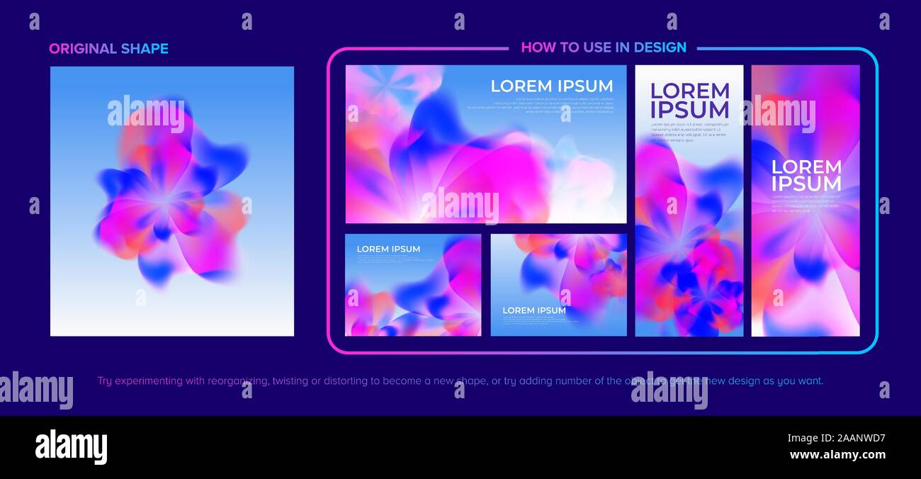 Una direzione artistica di una forma astratta in vettore su sfondo minima con il modo in cui utilizzare la forma in vari modelli di risoluzione. Illustrazione Vettoriale