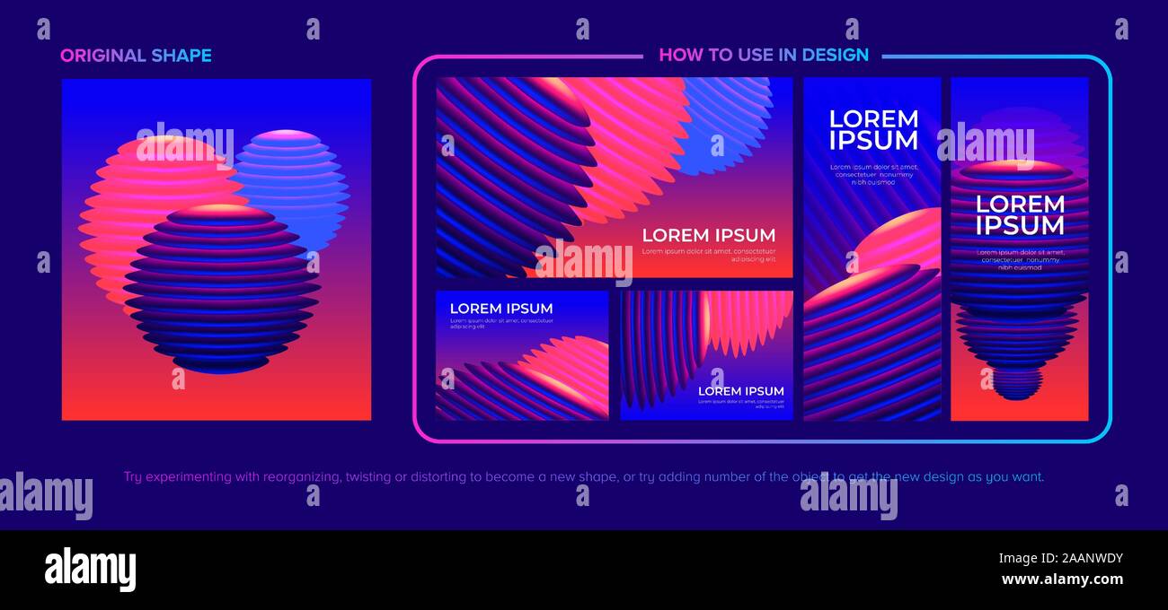 Una direzione artistica di una forma astratta in vettore su sfondo minima con il modo in cui utilizzare la forma in vari modelli di risoluzione. Illustrazione Vettoriale