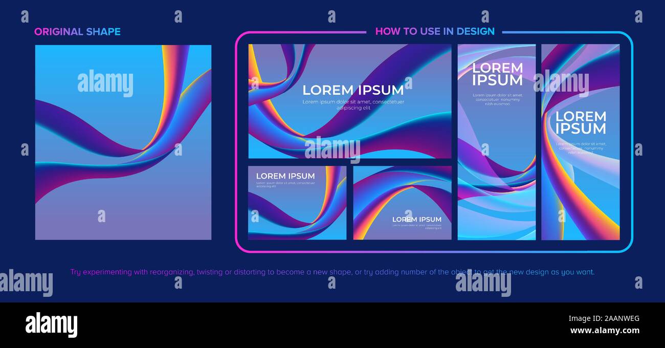 Una direzione artistica di una forma astratta in vettore su sfondo minima con il modo in cui utilizzare la forma in vari modelli di risoluzione. Illustrazione Vettoriale