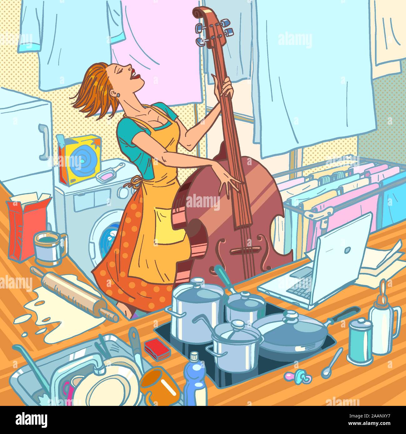 Una musicista femminile suona il contrabbasso, una casalinga è distratta dalle faccende domestiche Illustrazione Vettoriale