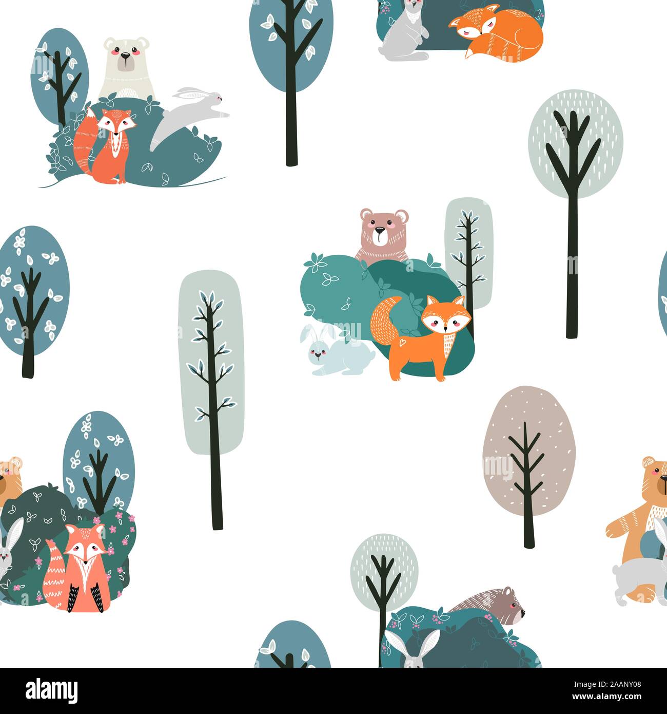 Seamless pattern con il simpatico orso, fox, lepre e coniglio su uno sfondo di piante. Illustrazione disegnata a mano in stile scandinavo. Illustrazione Vettoriale