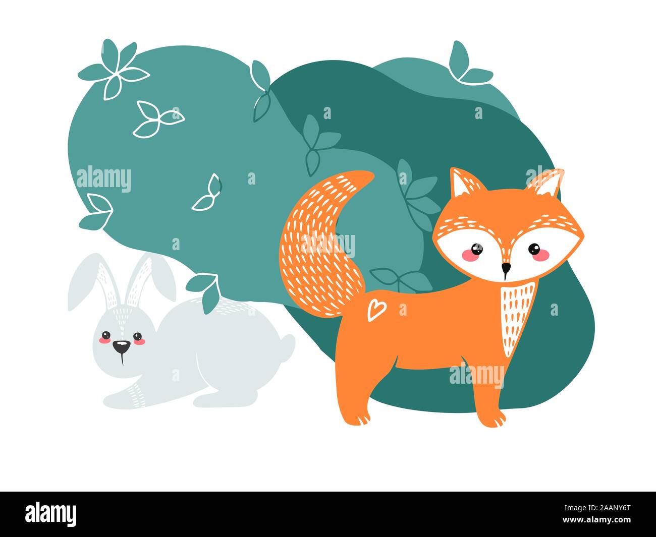 Carino fox, lepre e coniglio su uno sfondo di piante. Mano Illustrazione disegnata in stile scandinavo. Illustrazione Vettoriale