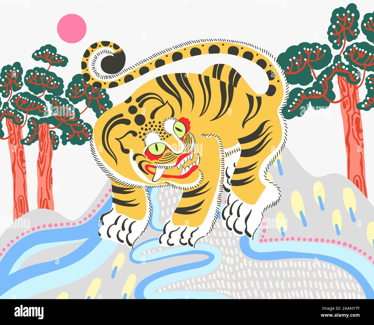 Illustrazione della Coreana tradizionale pittura decorativa di Tiger con alberi e sun Illustrazione Vettoriale