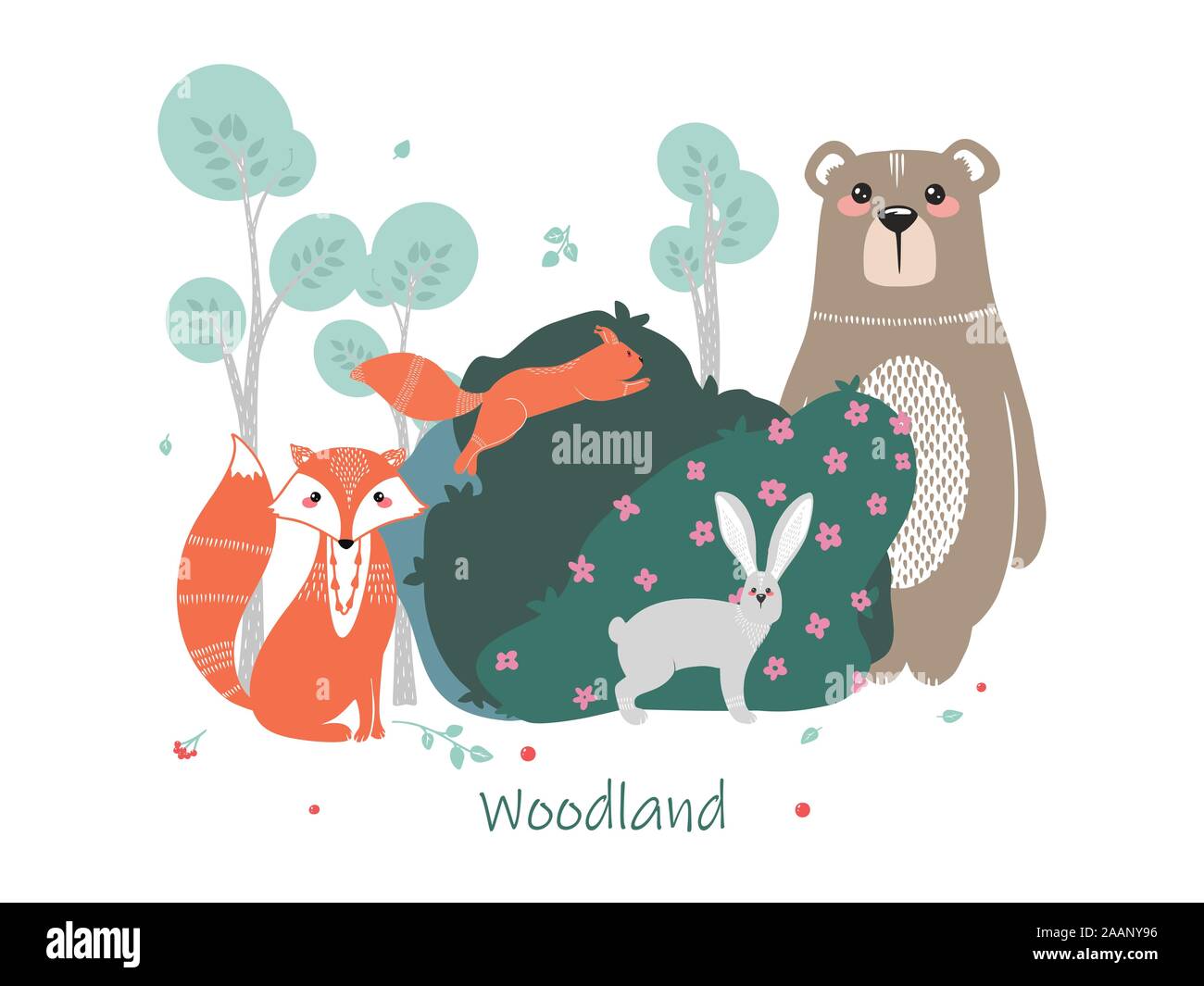 Simpatici animali sullo sfondo della foresta, gli alberi, piante. Orso, Fox, lo scoiattolo, la lepre. Gli animali del bosco. Illustrazioni vettoriali in stile scandinavo Illustrazione Vettoriale