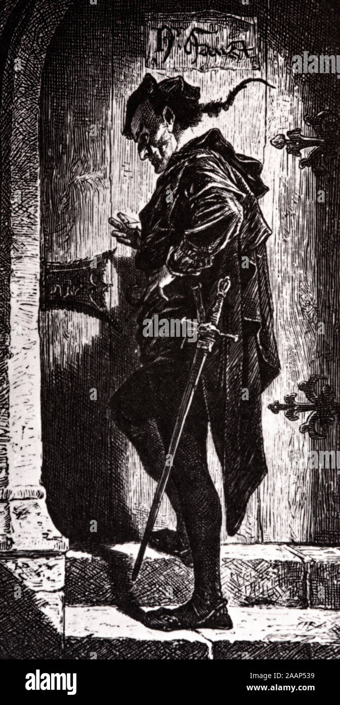 Mephisto bussa alla porta di Faust. AKA Mephistopheles, egli appare a Faust come un demonio - un lavoratore per Lucifero. I critici affermano che egli non cerca di uomini corrotti, ma arriva a servire e infine raccogliere le anime di coloro che già sono dannati. In questa illustrazione di Johann Wolfgang von Goetha. Faust è stato protagonista di un classico tedesco legenda, basato sulla storica Johann Georg Faust (c. 1480-1540). Il dotto Faust è molto successo ancora insoddisfatto con la sua vita, che lo porta a fare un patto con il diavolo a un crocevia, scambiando la sua anima per un numero illimitato di conoscenza Foto Stock