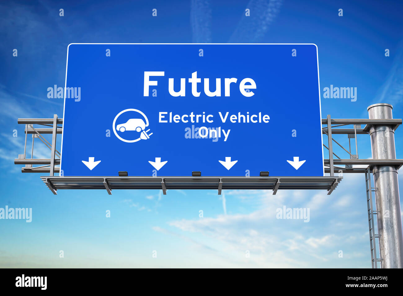 Il nostro futuro con veicolo wlectric solo traffico verde cartello stradale con il simbolo di auto elettriche sul cielo dello sfondo. Ecologia e ambiente backgro concetto Foto Stock