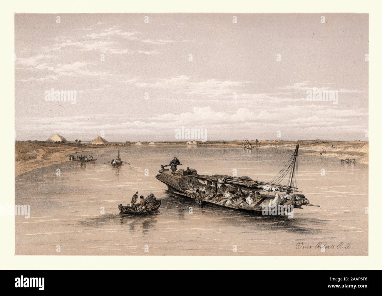 Vintage incisione di guardare verso le piramidi di Dashour e Sacara, Slave barca sul Nilo in Egitto. Da David Roberts. Foto Stock