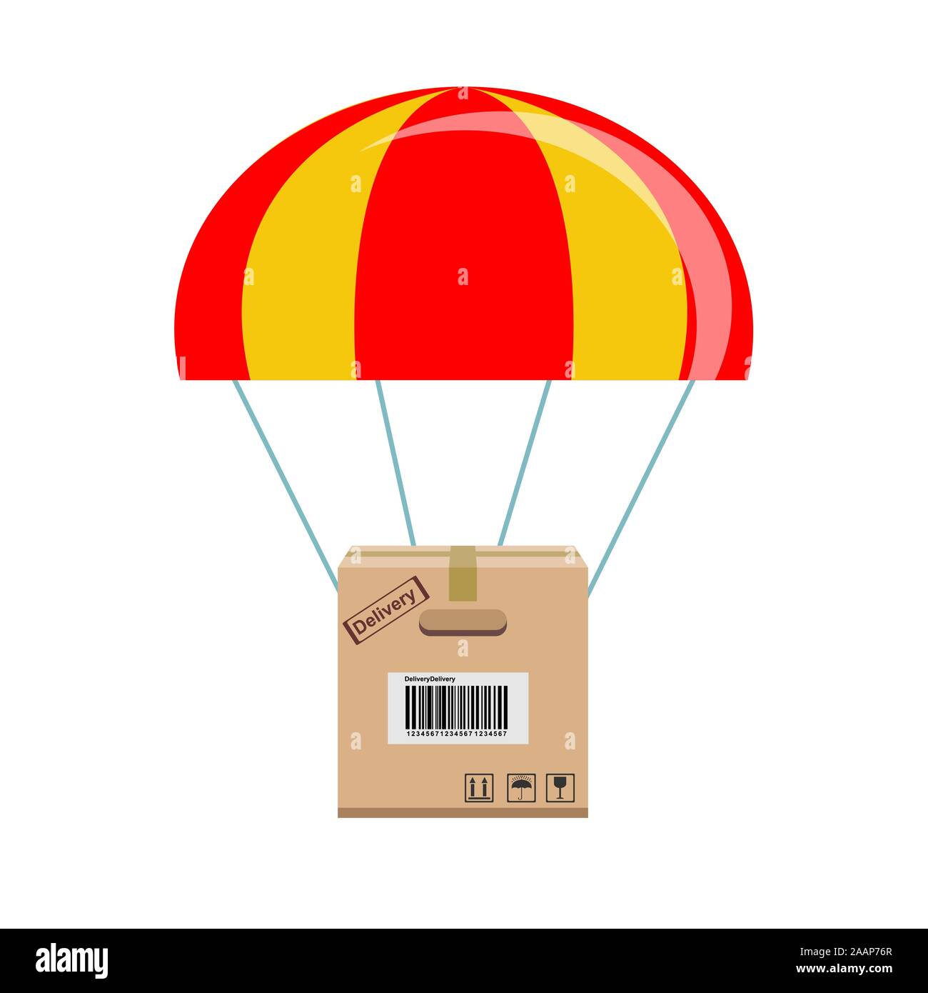 Confezione volare giù dal cielo con un paracadute, concept per il servizio di consegna Illustrazione Vettoriale