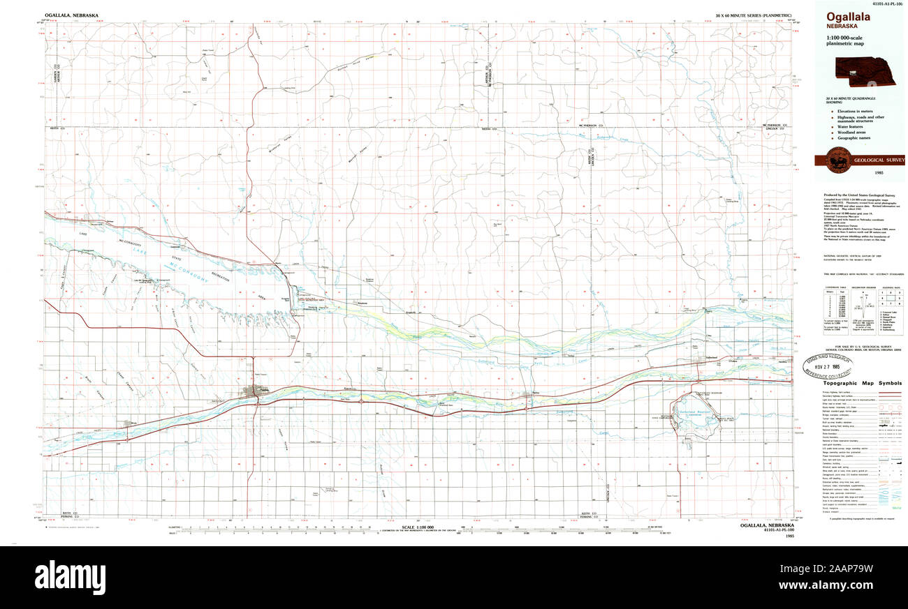 USGS TOPO Map Nebraska NE Ogallala 317754 1985 100000 Il restauro Foto Stock