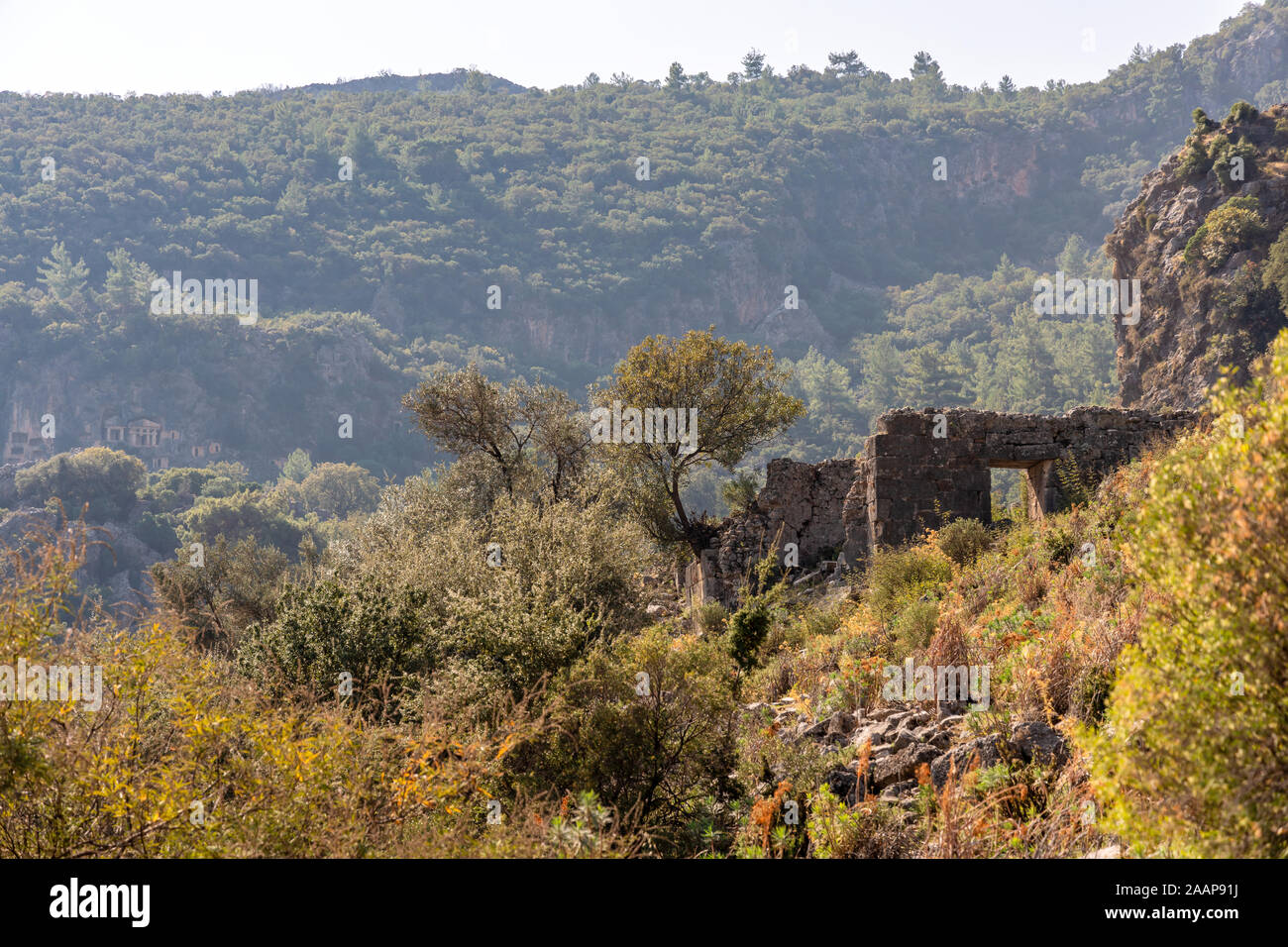 Paesaggio panoramico con le rovine della città antica di Pinara nella Provincia di Mugla, Turchia. Foto Stock