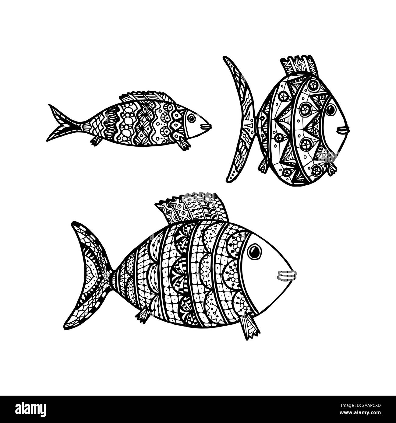Illustrazione Vettoriale di disegnato a mano con pesce etnico doodle pattern. Pagina di colorazione libro - zendala, per il rilassamento e la meditazione per adulti. Concetto per Illustrazione Vettoriale