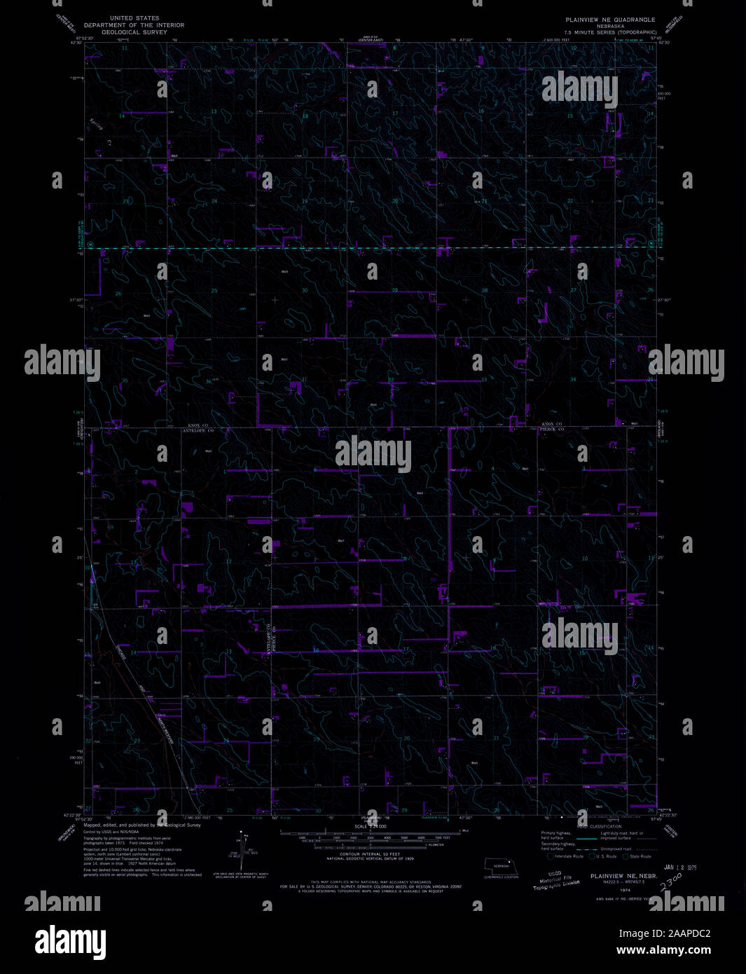 USGS TOPO Map Nebraska NE Plainview NE 316997 1974 24000 Restauro invertito Foto Stock